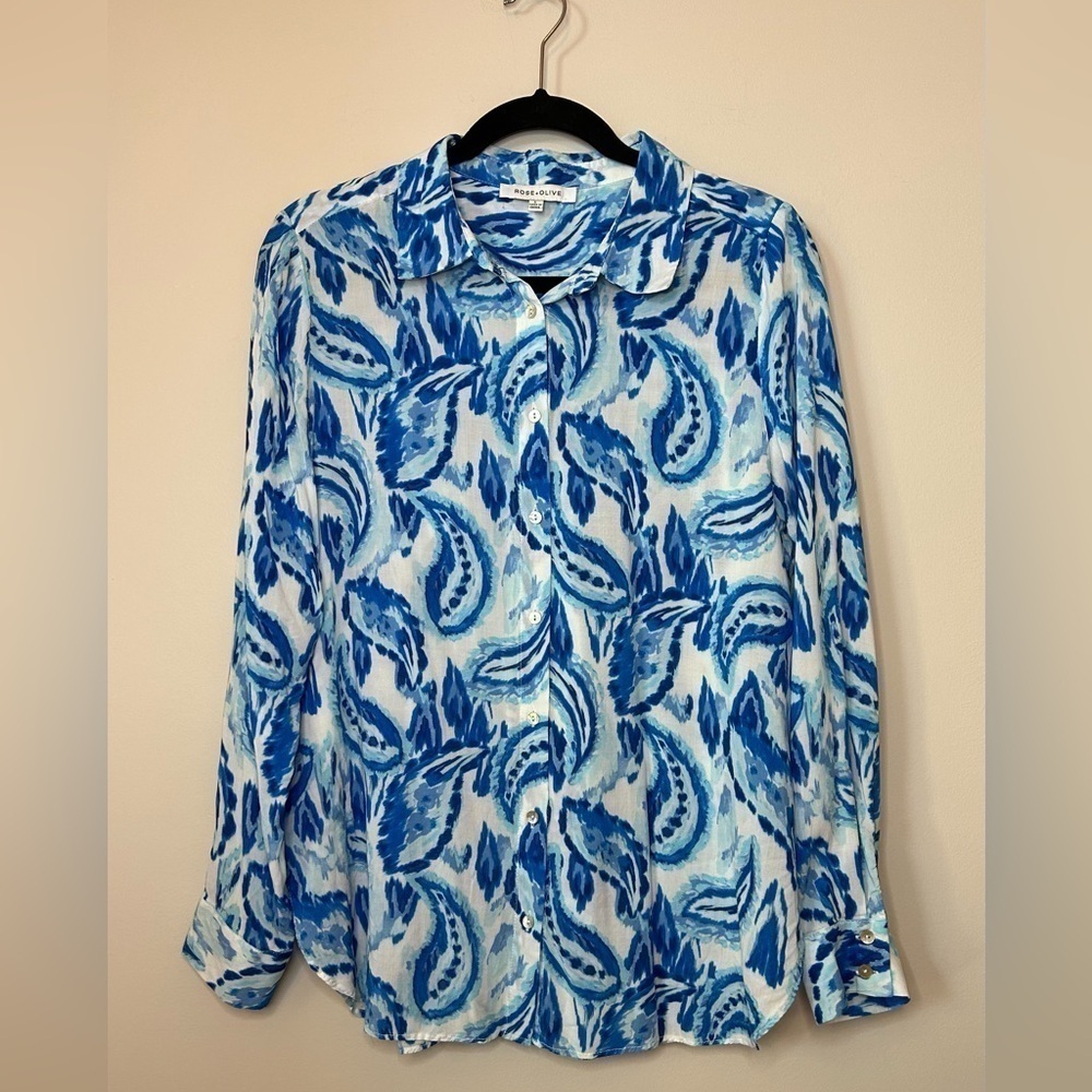 Rose + Olive Women's Blue Button Shirt Fashion Art to Wear Lightweight
